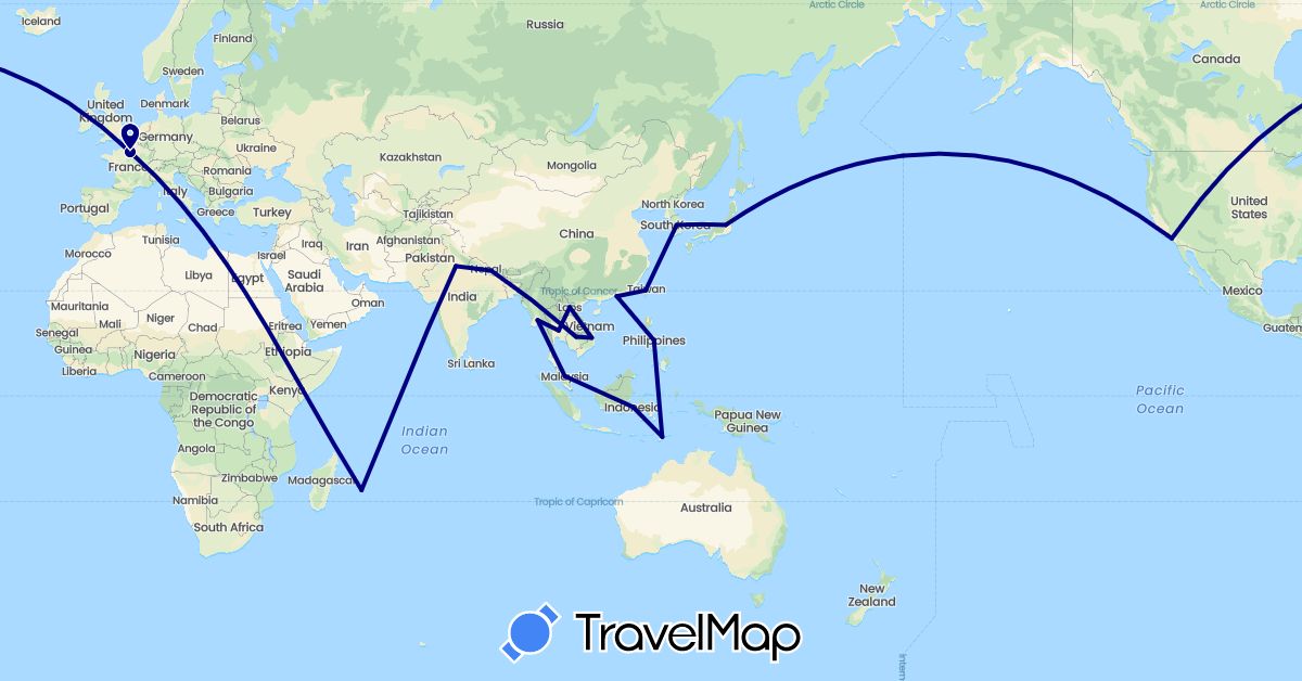 TravelMap itinerary: driving in China, France, Indonesia, India, Japan, Cambodia, South Korea, Laos, Myanmar (Burma), Malaysia, Nepal, Philippines, Thailand, Taiwan, United States, Vietnam (Asia, Europe, North America)